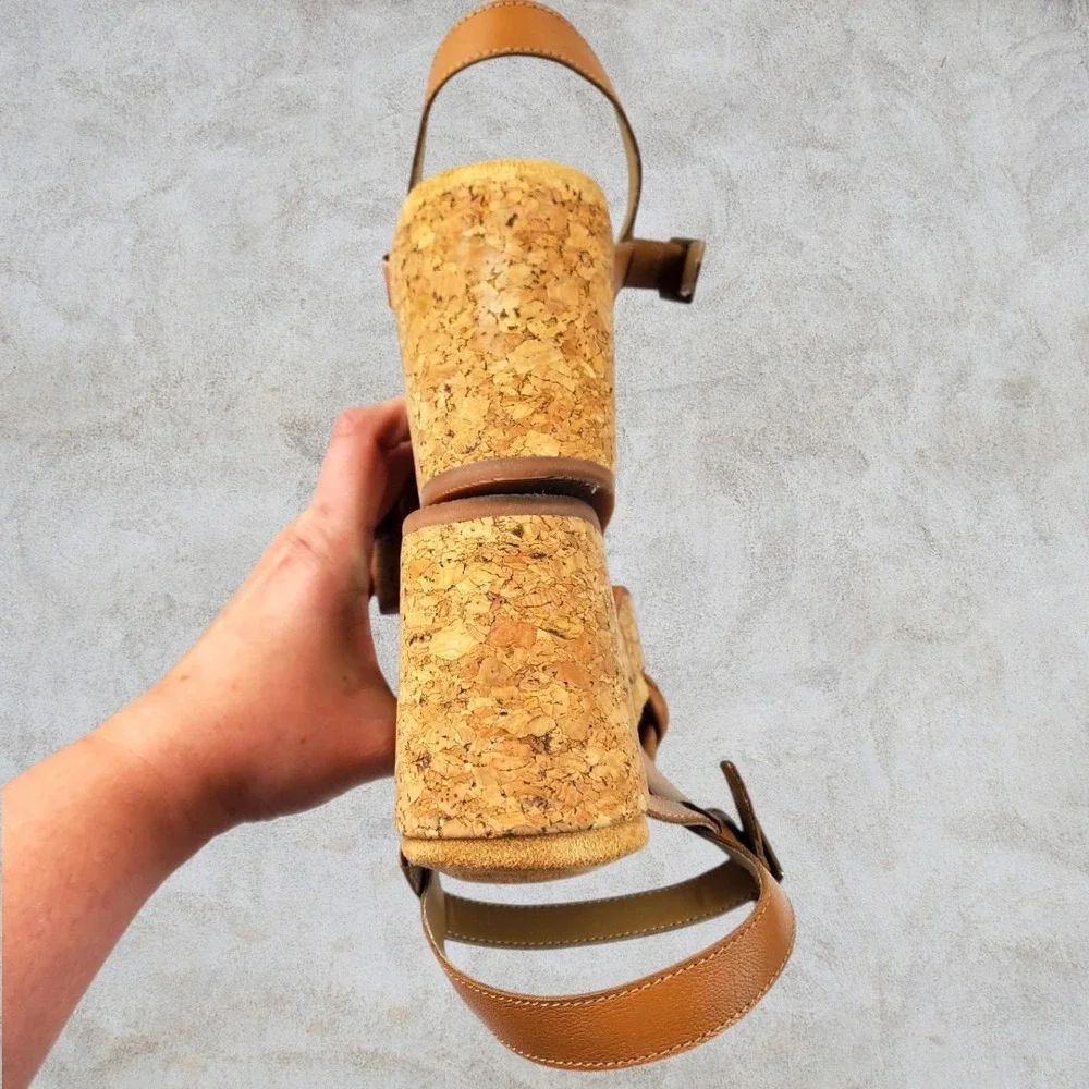Hush Puppies Poppy Tan Braided Leather Cork Platform Block Heel Sandal Women 5.5